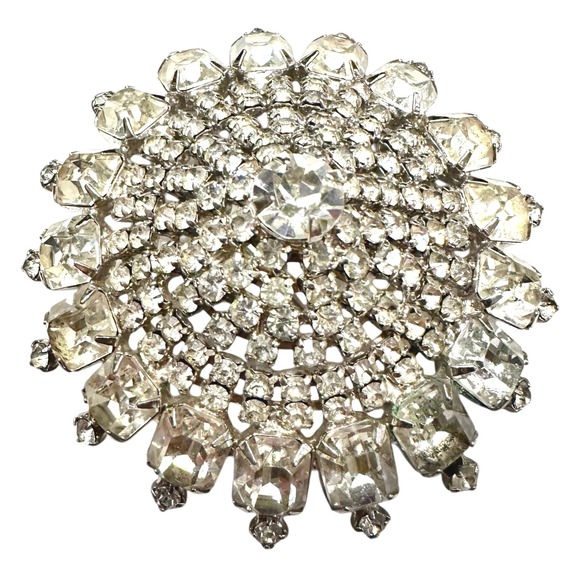 VTG Large Domed Rhinestone Brooch 2.6" Starburst Floral Silver Cocktail Jewelry - Picture 6 of 12